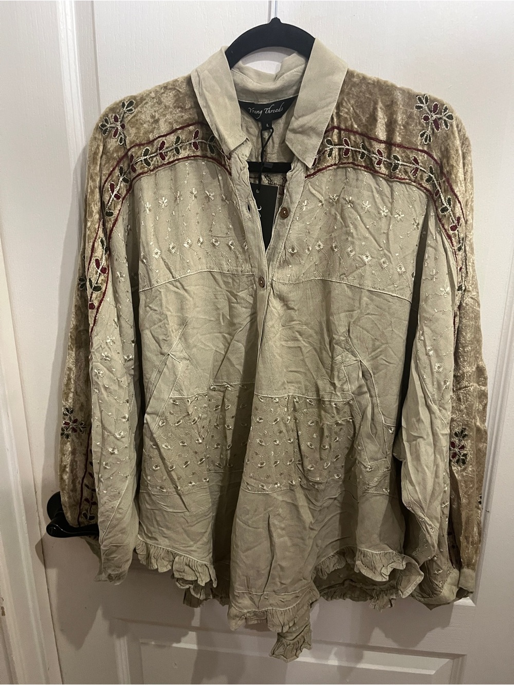 Embroidered Velvet-Trim Cream Blouse